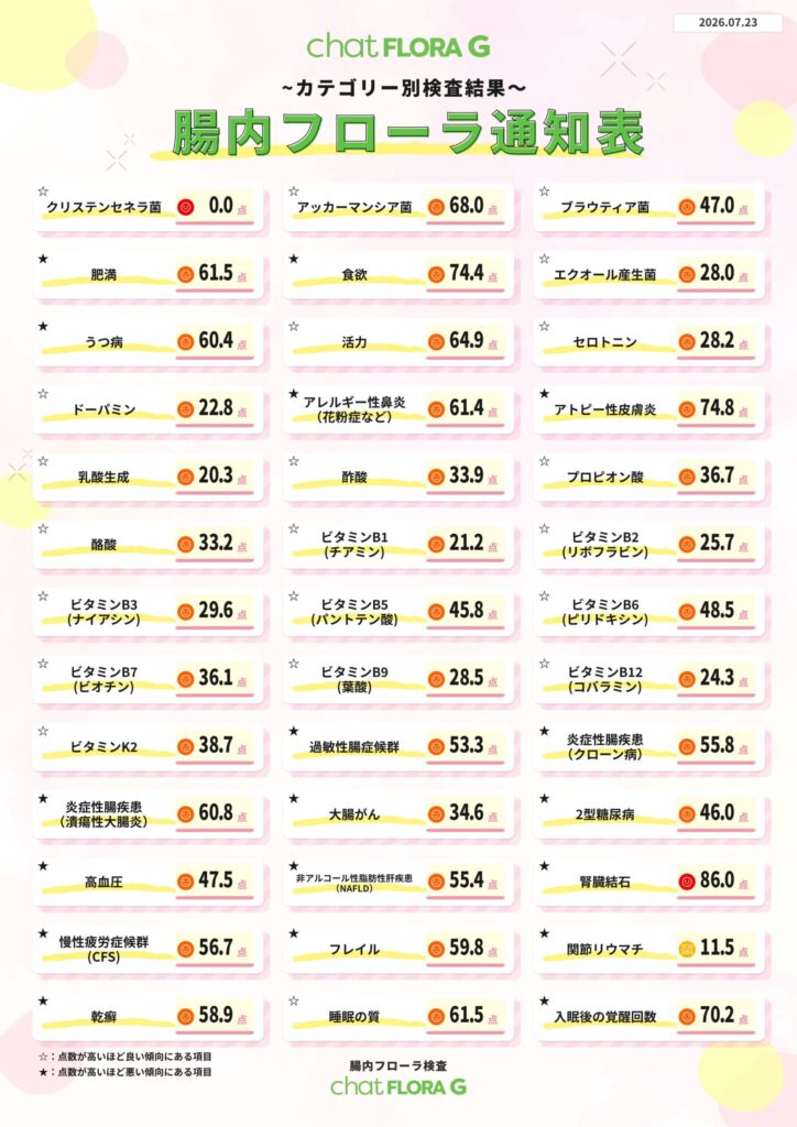 腸内フローラ通知表裏面、カテゴリー別スコア