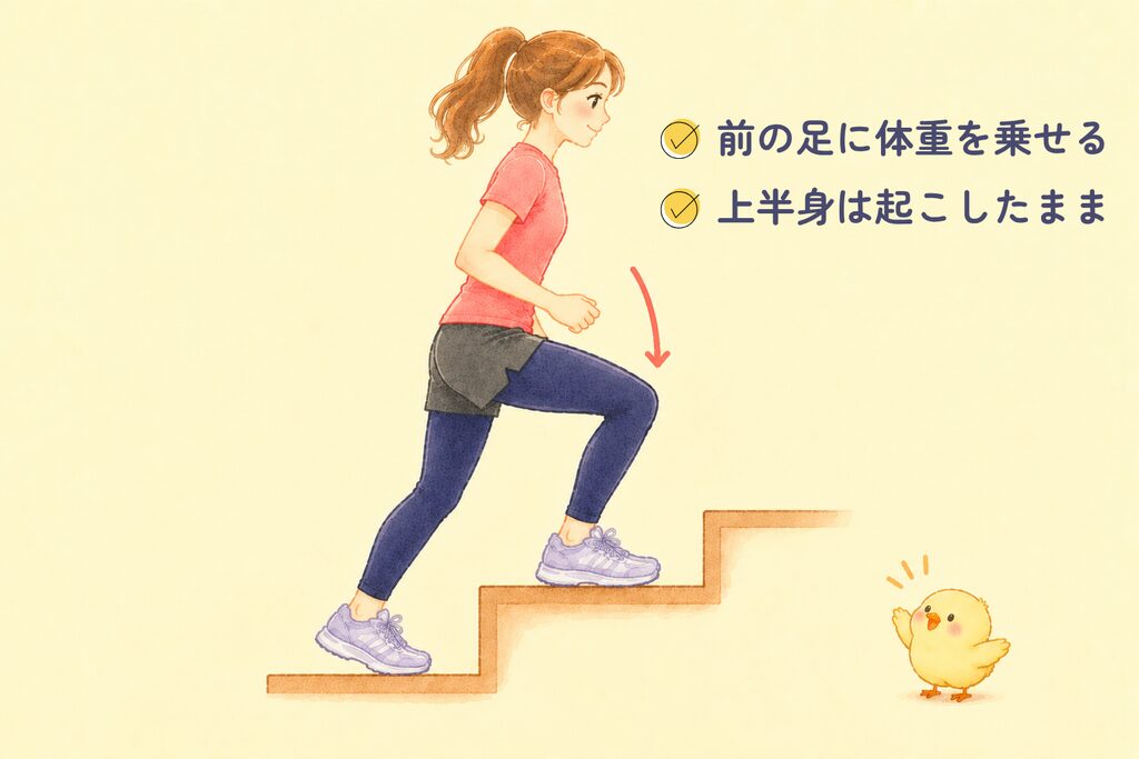 階段を上るときに前の足へ体重を乗せる動作を横から見た解説イラスト
