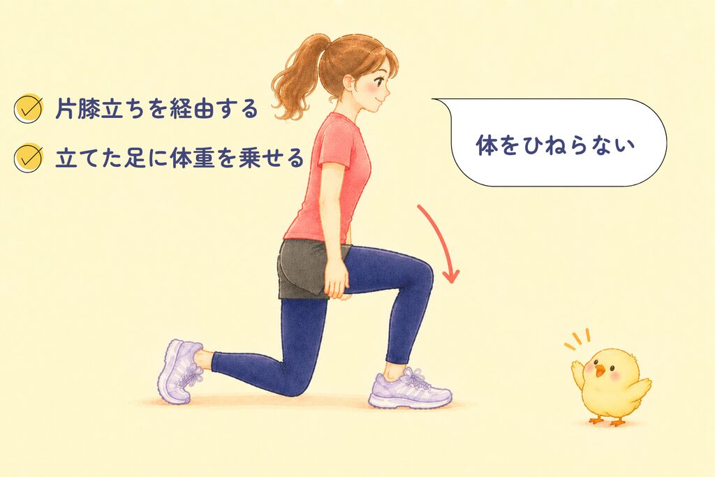 床から片膝立ちを経由して立ち上がる動作を横から見た解説イラスト